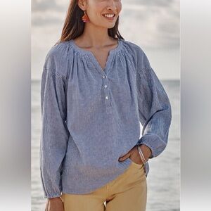J Jill‎ 100% Cotton Blue White Striped 1/2 Button Split V Popover Blouse Size L